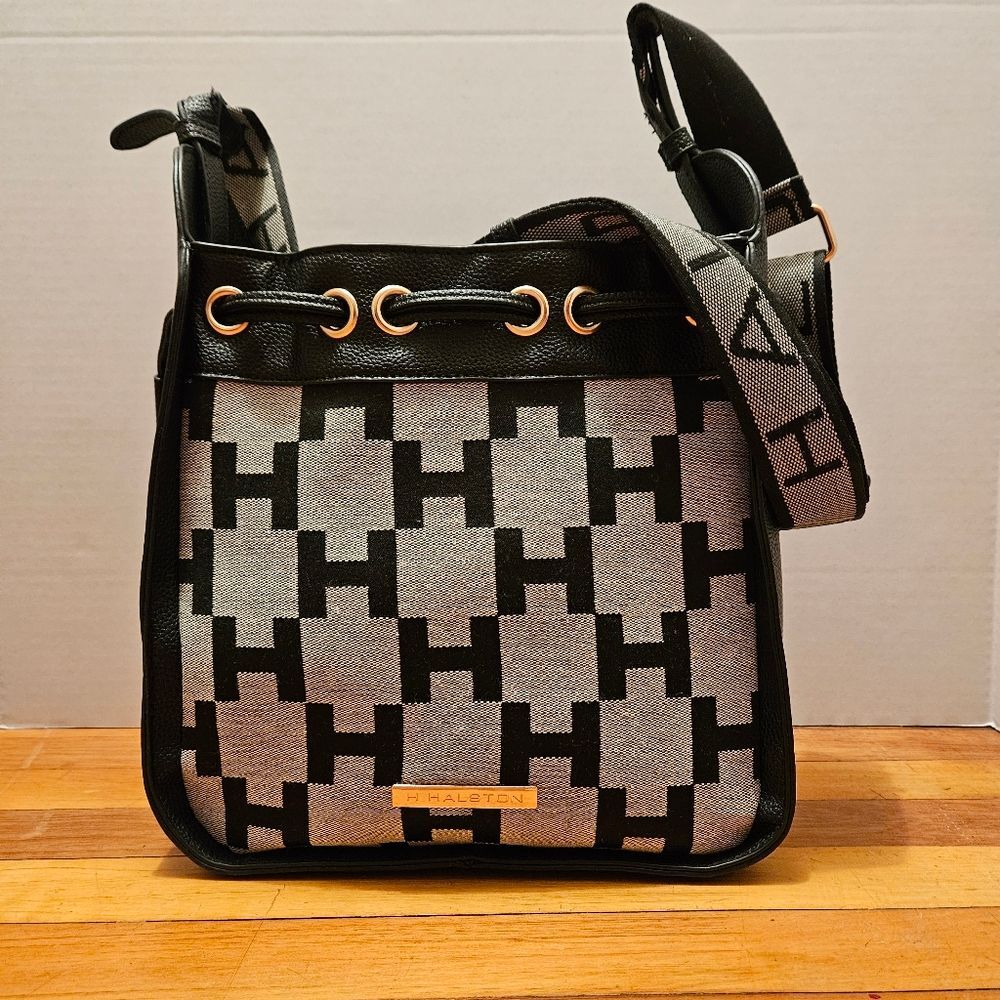 H by Halston Heritage Crossbody Bag Black Grey Purse Strap Drawstring Closure